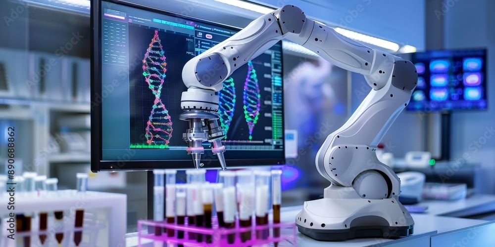 Fototapete a biotech engineer using a robotic arm to handle delicate genetic samples, with lab equipment and dn