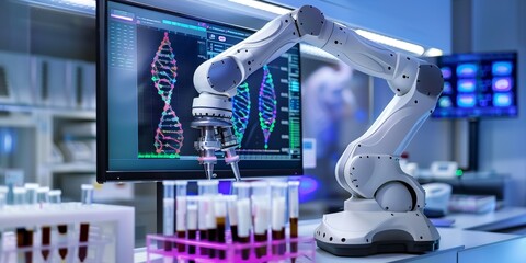 A biotech engineer using a robotic arm to handle delicate genetic samples, with lab equipment and DNA sequences on screens, showcasing automation and precision in biotechnology