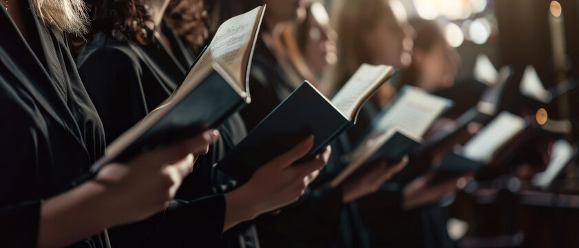 Close-up of choir members holding hymn books, immersed in a moment of communal singing during a worship service.