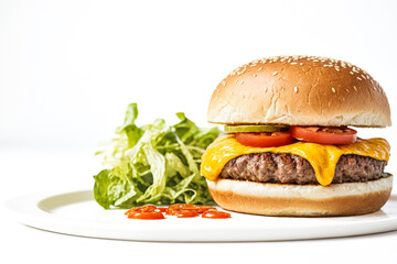 Cheeseburger with lettuce and tomato on white plate