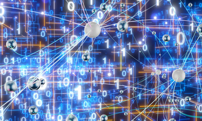 Neural network 3D illustration. Big data and cybersecurity