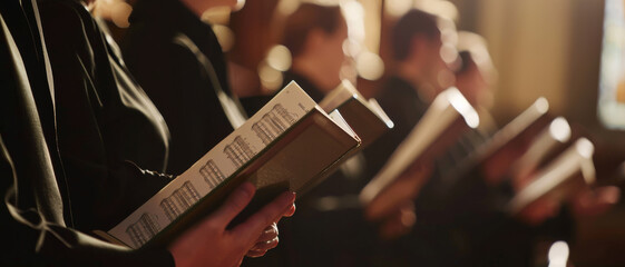 A serene choir engrossed in singing, holding hymn books under warm, diffused lighting, creating a peaceful and reverent atmosphere.