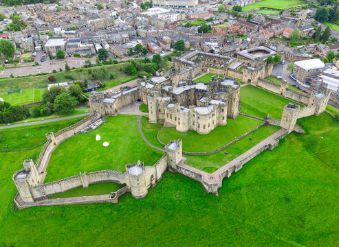 Alnwick, Northumberland, UK, June 18, 2024; aerial view of Alnwick Castle, Alnwick, Northumberland, England, UK.