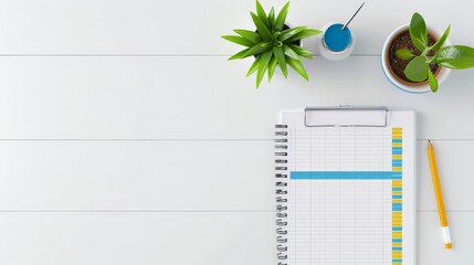 A computer monitor is on a desk with a plant in a vase