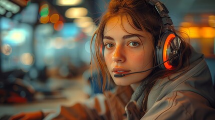 Young Woman Wearing Headphones in a Nighttime Setting