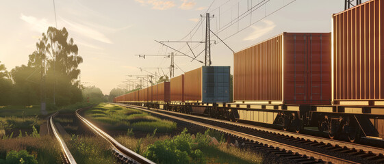 Obraz premium A long freight train stretches into the distance under a soft golden sunrise, winding through a lush, rolling landscape.
