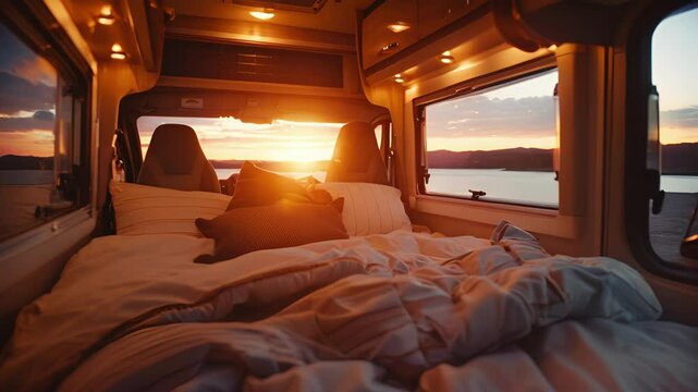 The RVs interior is illuminated by soft warm light as the setting sun reflects off the solar panels outside.