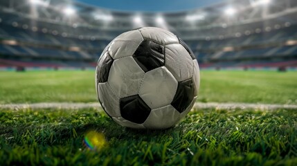Fototapeta premium A high-resolution image showcasing a classic black and white soccer ball on a vibrant green field, set against a brightly lit stadium backdrop, emphasizing the beauty of the sport.