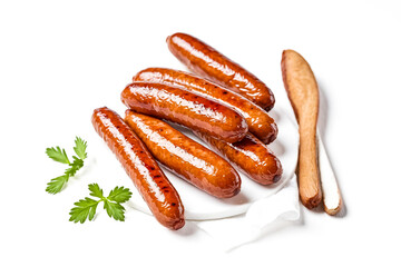 Grilled Sausages with Parsley and Wooden Spatula on White Background