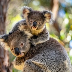 Obraz premium Heartwarming Koala Mother and Baby Embrace in Australian Outback Wilderness