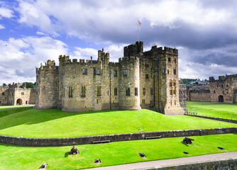 Fototapeta premium Alnwick, Northumberland, UK, June 18, 2024; aerial view of Alnwick Castle, Alnwick, Northumberland, England, UK.