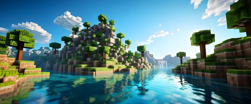 Pixelated landscape with trees, water, and mountains, bright colors, gaming wallpaper or poster.