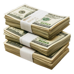 Detailed shot of stacks of US dollars bundle on transparent background or PNG file.