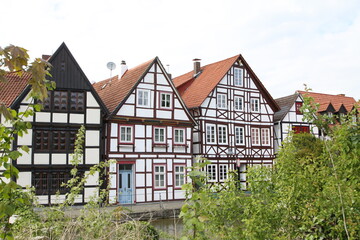 half-timbered houses with springs of the river pader in the foreground, paderborn, nrw, germany,