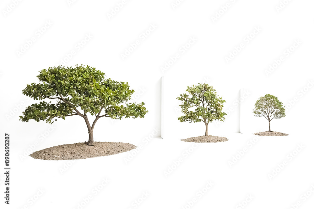 Poster three trees in a row, isolated on a white background