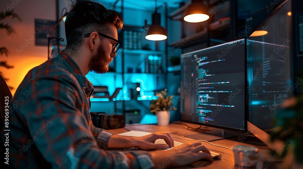 Poster focused programmer working late at night