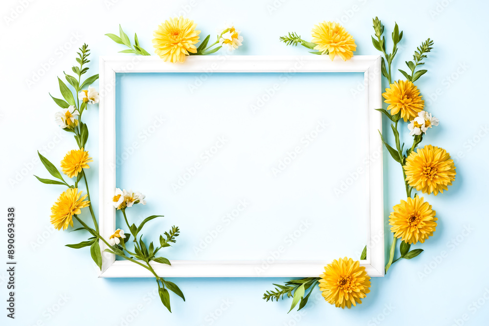 Sticker White Frame with Yellow Flowers on Blue Background