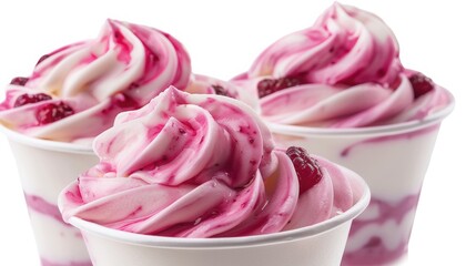 Yogurt and Berry Swirls: Swirls of yogurt and berry puree in a clear cup.