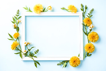 White Frame with Yellow Flowers on Blue Background