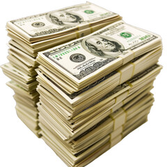 Detailed shot of stacks of US dollars bundle on transparent background or PNG file.