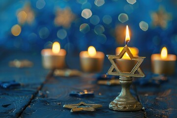 Hanukkah greeting card on a beautiful background with stars of David and an Israeli candlestick