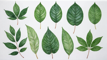 Fototapeta premium Herbarium. Green leaves on grey background. Various leaves range of different shapes, sizes, shades scattered naturally across white surface. Calm composition, serene summer feel. Watercolor painting