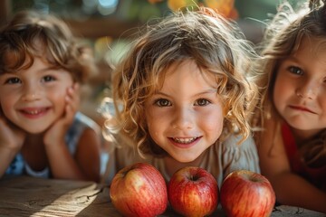 Fototapeta premium Three happy children with curly hair smiling and posing with three fresh red apples on a wooden table in a sunny, outdoor setting.