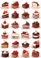 Adorable sticker sheet with multiple small chocolate cake illustrations, ideal for decorating journals, notebooks, and dessert-themed projects