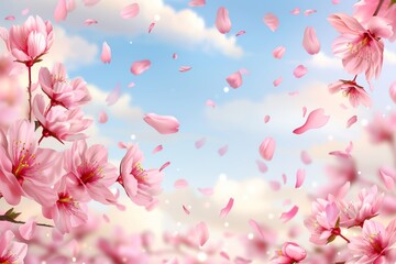 Pink sakura blossom petals in sky, floral wallpaper, cherry flowers, nature landscape banner