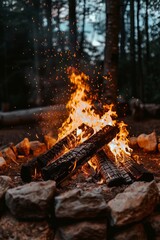 Campfire Flames, Burning Logs, Outdoor Recreation. Embers, Warmth, Cozy Atmosphere in Forest