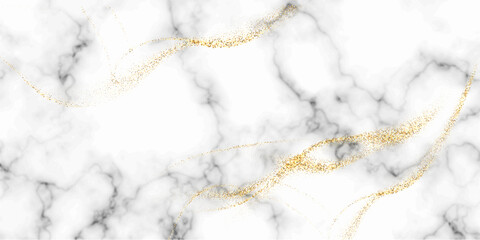White marble background with gold glitter waves. Luxury natural stone backdrop with golden sparkles. Modern abstract glamorous Christmas, New Year, wedding, anniversary celebration vector illustration