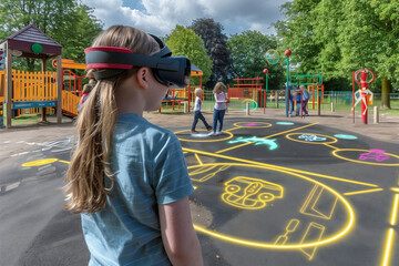 Girl Using Virtual Reality in Outdoor urban park