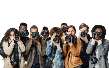 Diverse Group of Photographers Each Holding Different Types of Cameras Isolated on Transparent Background PNG.