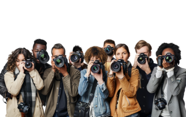 Diverse Group of Photographers Each Holding Different Types of Cameras Isolated on Transparent Background PNG.