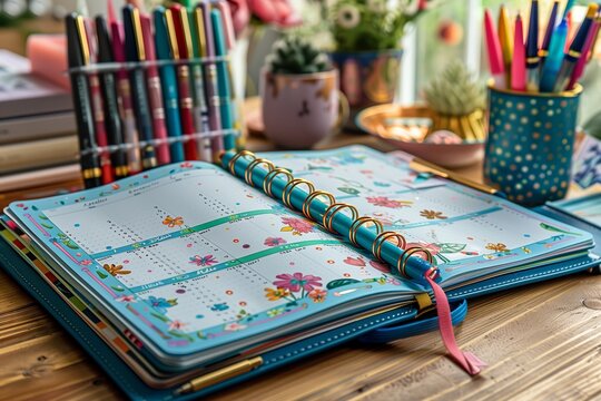 Open Blue Floral Planner On Wooden Table With Pens And Other Supplies