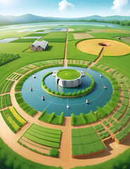 An illustration of renewable resources with sustainable agriculture, water conservation, and eco-friendly materials.
