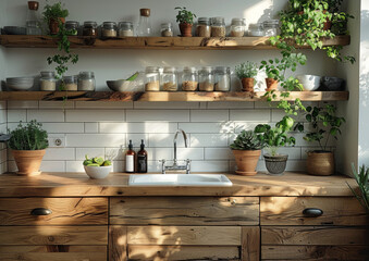 Minimalist kitchen with light wood cabinets and white tiles, close up shot of the wall behind the sink cabinet, ultra realistic photography in the style of an unnamed artist. 