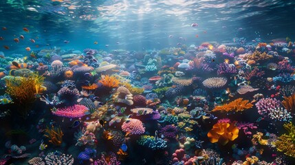 Wide view of a coral reef teeming with life. 