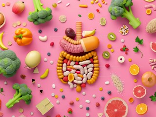 Digestive system surrounded by gut-friendly foods, emphasizing intestinal health and leaky gut prevention, vibrant colors, 3D design, pink background