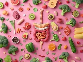 Digestive system surrounded by gut-friendly foods, emphasizing intestinal health and leaky gut prevention, vibrant colors, 3D design, pink background