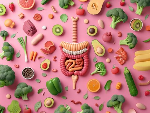 Digestive system surrounded by gut-friendly foods, emphasizing intestinal health and leaky gut prevention, vibrant colors, 3D design, pink background