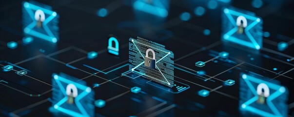 Encrypted email icon with layers of binary code and digital locks, illustrating secure communication, futuristic style, glowing blue accents