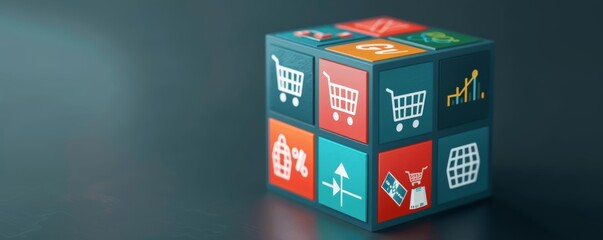 Futuristic cube displaying a shopping cart and graph icons, representing the increase in digital shopping sales, vibrant colors, cyber theme