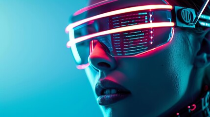 Woman's face illuminated by futuristic smart glasses, featuring AI-driven interfaces and technology trends, cybernetic design, vivid neon colors