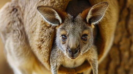 Fototapeta premium Close-up of a baby kangaroo in its mother's pouch. 