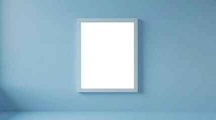 White frame mockup on pastel blue wall, soft decor, transparent canvas, iso A paper size