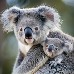 Naklejka premium Close-up of a baby koala on its mother's back. 