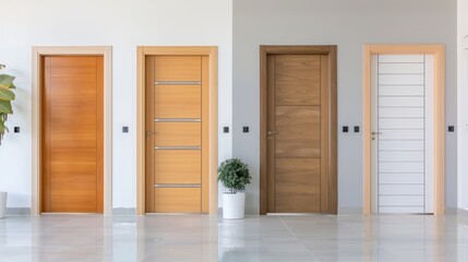 Obraz premium A white house with a brown door and a potted plant in front of it