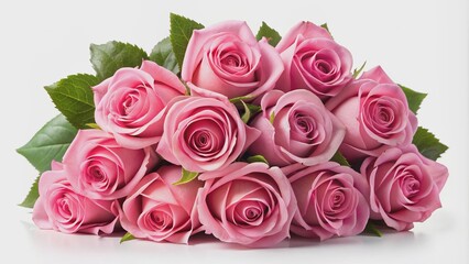 Obraz premium A Bouquet of Pink Roses with Green Leaves, Close Up, 10 Roses, Romance, Flowers, Photography, Rose