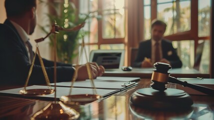 Obraz premium Scales of Justice on a Wooden Table